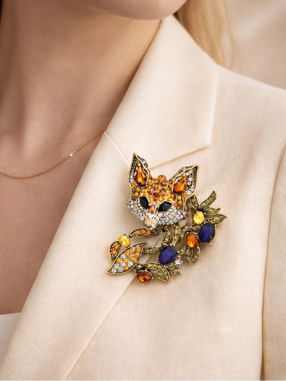 Luxury Fox Amber Crystal & Multicolor Rhinestone Brooch